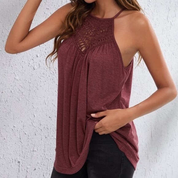 1 MED left! Boho Burgundy Cutout Detail Tie Back Halter Tank Top - Picture 5 of 7